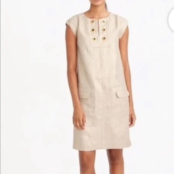 J. Crew Beige Shimmer Metallic 100% Linen Shift Dress Gold Grommets Size 8 Med M - Picture 9 of 9